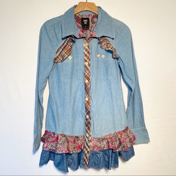 Anna Sui Tops - Anna Sui Ruffle Denim Long Sleeve Button Down